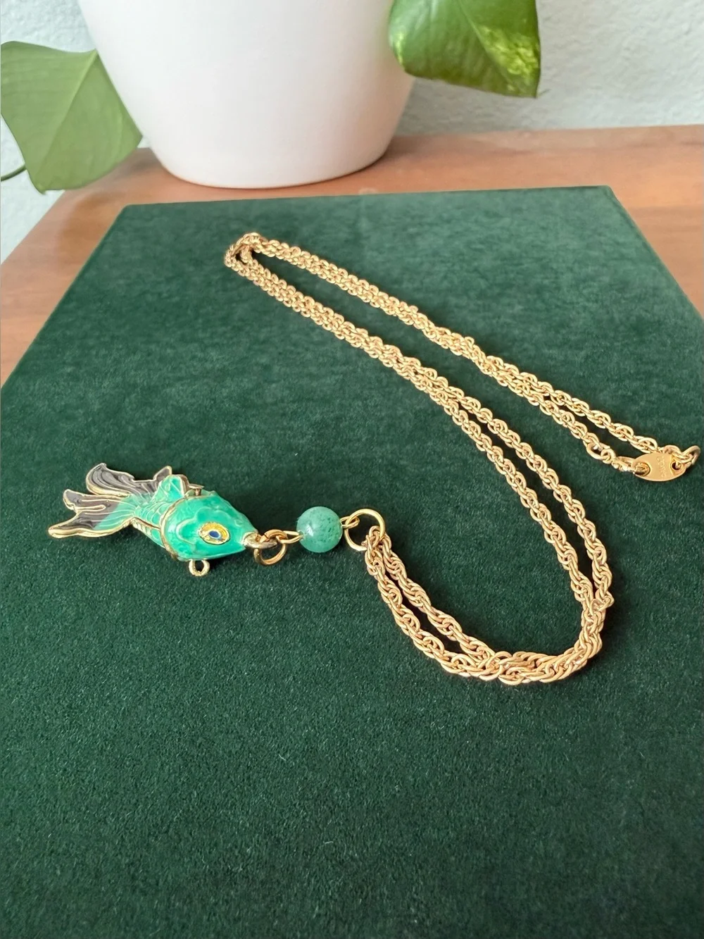 Vintage Green Cloisonné Enamel Articulated Koi Fish Pendant Necklace Gold-tone